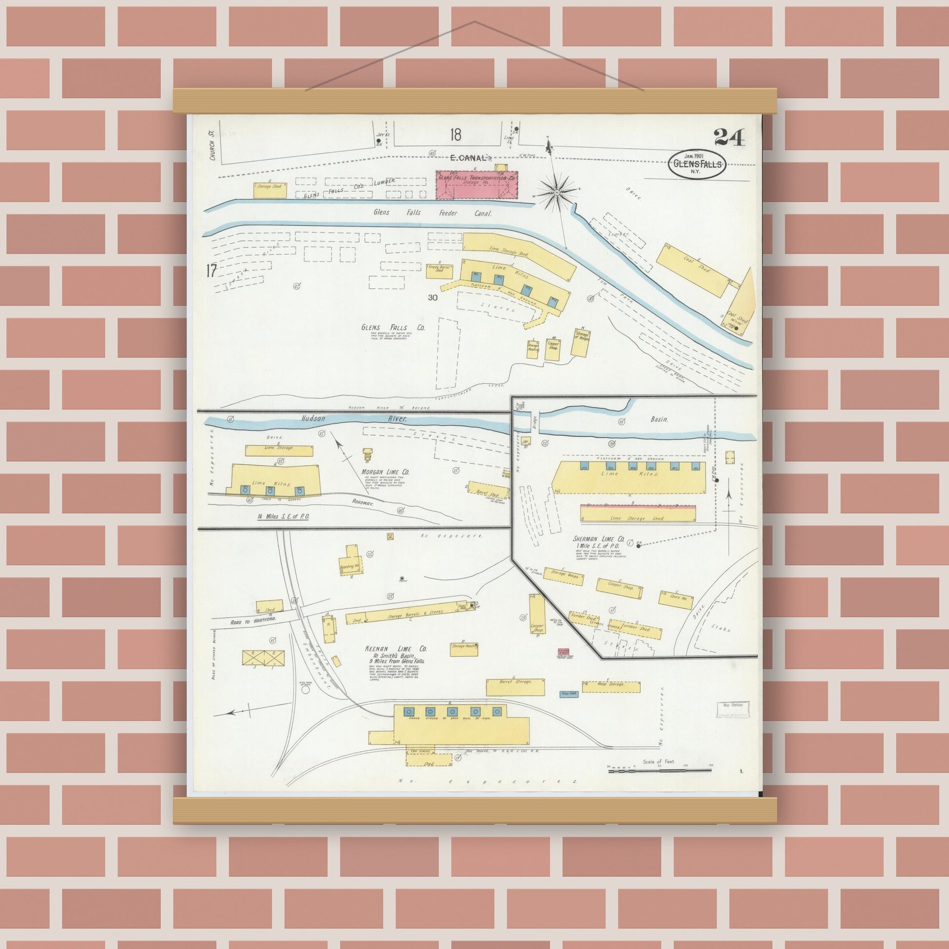 Old map wall art mockup — magnetic wood frame on brick wall — Sanborn Fire Insurance Map from Glens Falls, Warren County, New York (1901), Sheet #0024
