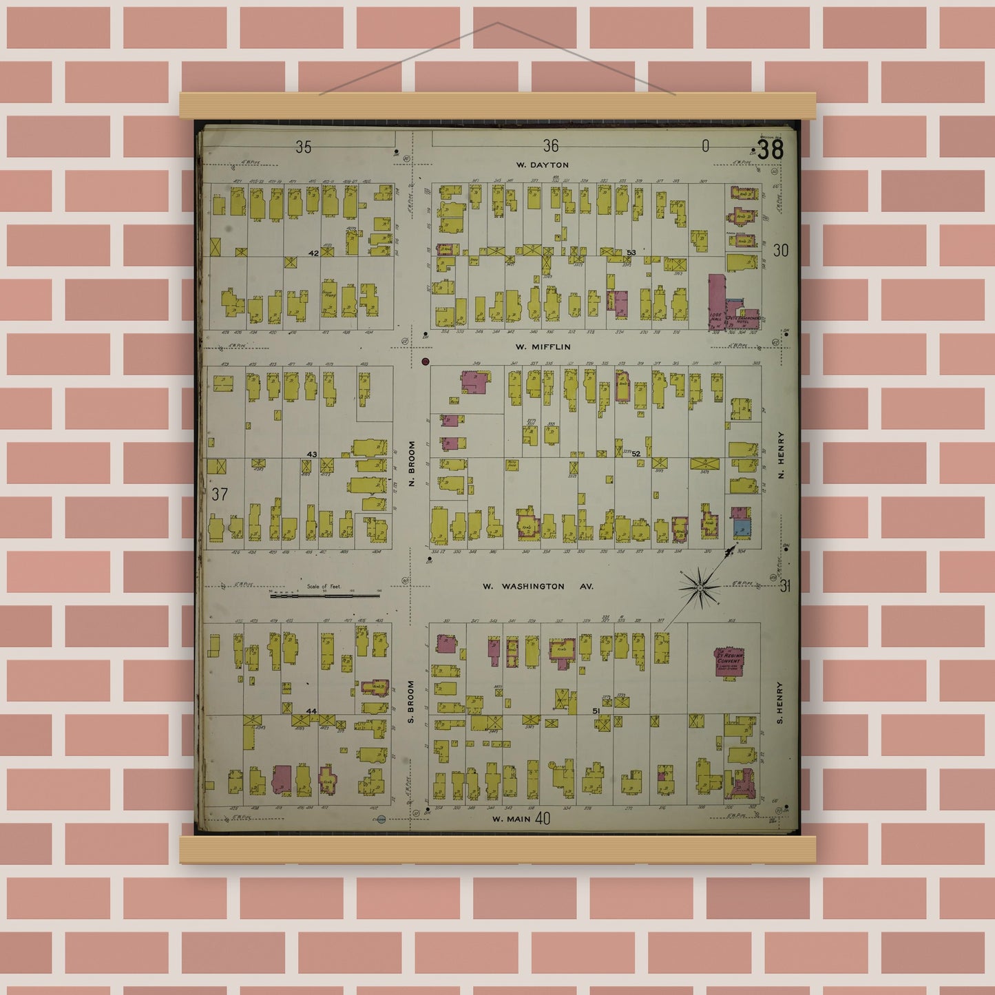 Old map wall art mockup — magnetic wood frame on brick wall — Sanborn Fire Insurance Map from Madison, Dane County, Wisconsin (1908), Sheet #0038