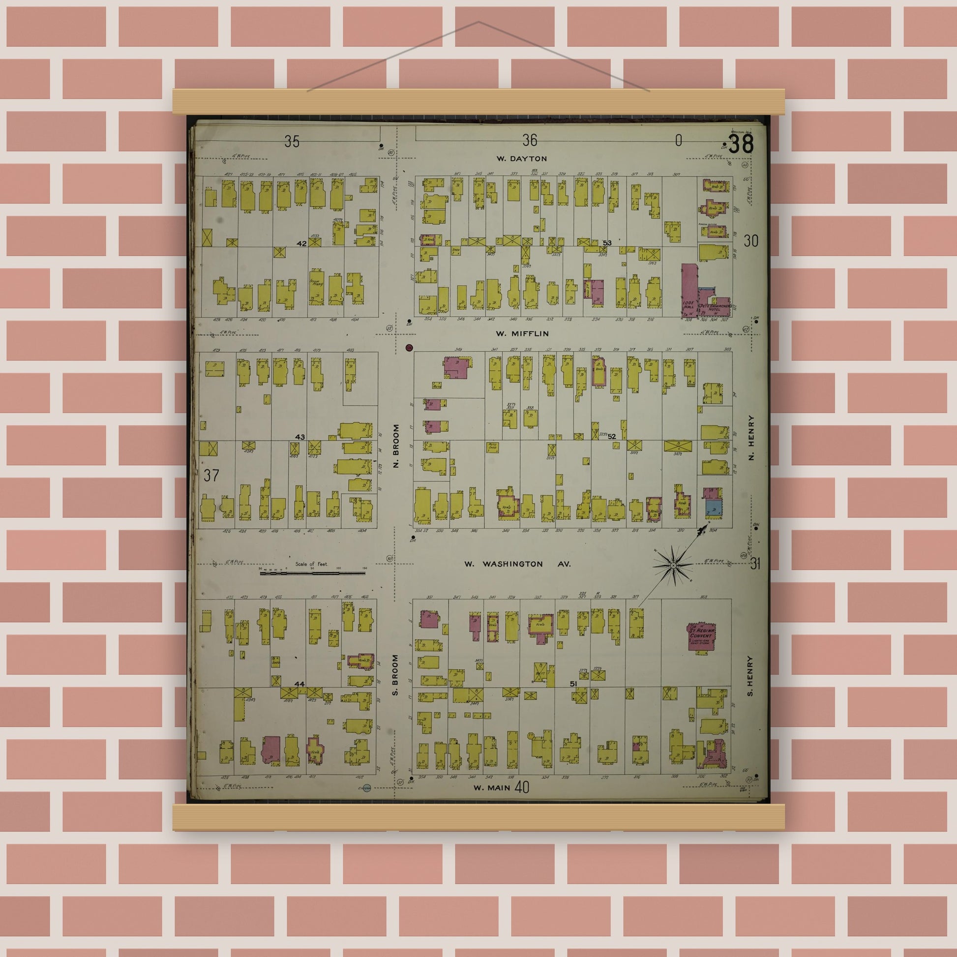 Old map wall art mockup — magnetic wood frame on brick wall — Sanborn Fire Insurance Map from Madison, Dane County, Wisconsin (1908), Sheet #0038