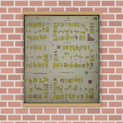 Old map wall art mockup — magnetic wood frame on brick wall — Sanborn Fire Insurance Map from Madison, Dane County, Wisconsin (1908), Sheet #0038