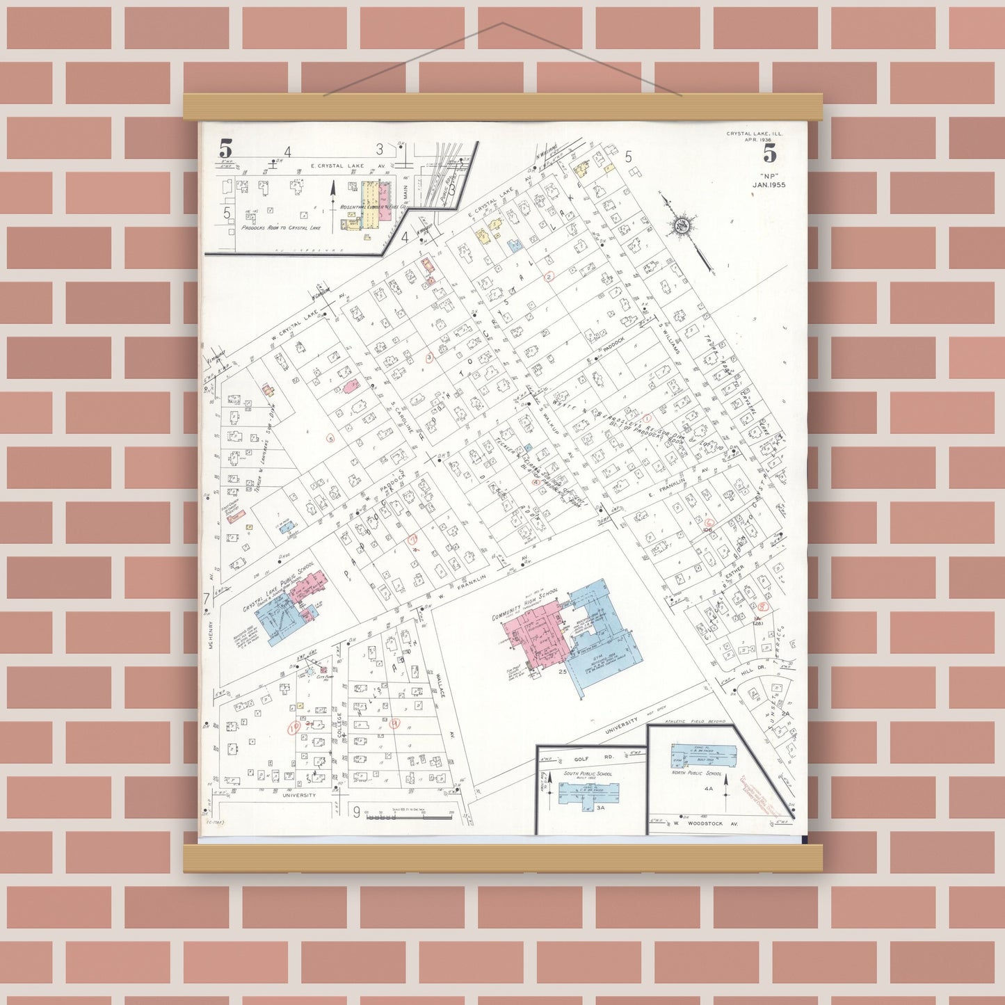 Old map wall art mockup — magnetic wood frame on brick wall — Sanborn Fire Insurance Map from Crystal Lake, McHenry County, Illinois (1955), Sheet #0005