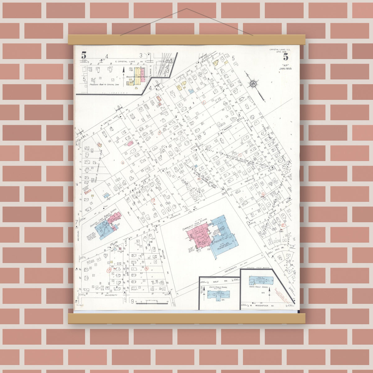 Old map wall art mockup — magnetic wood frame on brick wall — Sanborn Fire Insurance Map from Crystal Lake, McHenry County, Illinois (1955), Sheet #0005