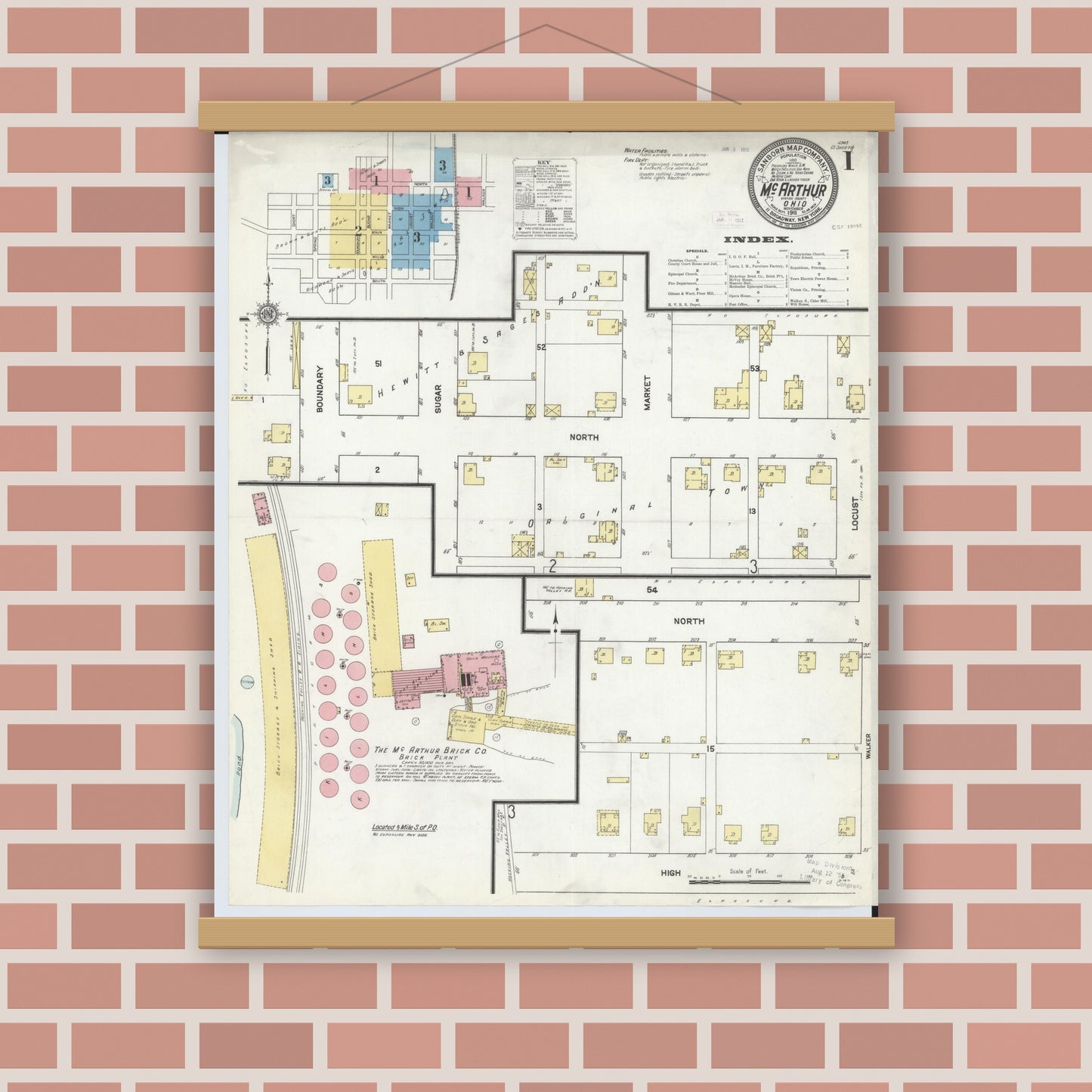 Old map wall art mockup — magnetic wood frame on brick wall — Sanborn Fire Insurance Map from McArthur, Vinton County, Ohio (1911) - Complete Map Set