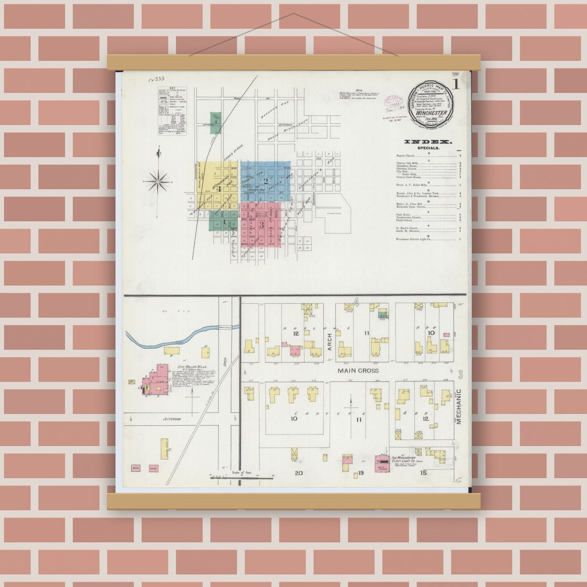 Old map wall art mockup — magnetic wood frame on brick wall — Sanborn Fire Insurance Map from Winchester, Scott County, Illinois (1894), Sheet #0001