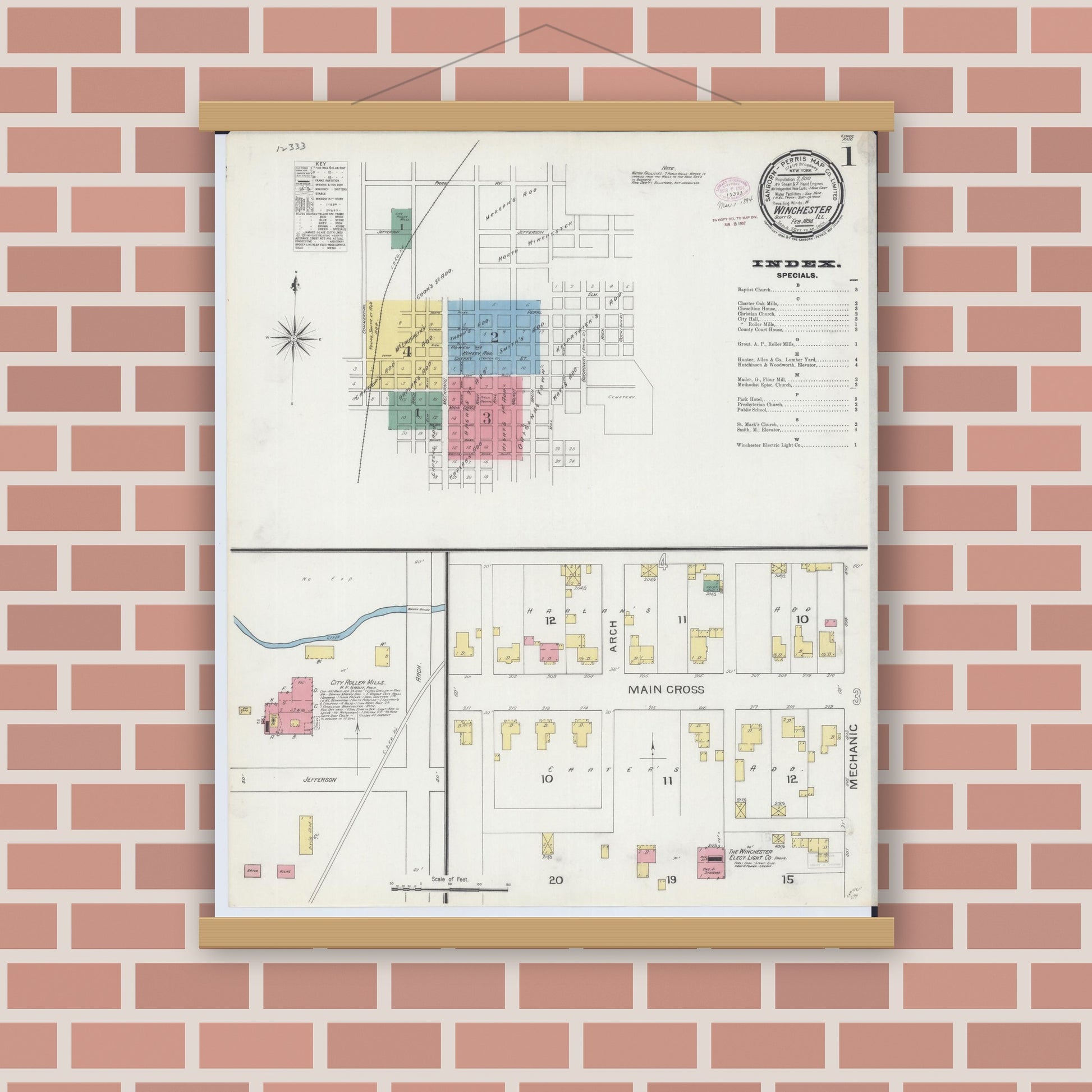Old map wall art mockup — magnetic wood frame on brick wall — Sanborn Fire Insurance Map from Winchester, Scott County, Illinois (1894), Sheet #0001