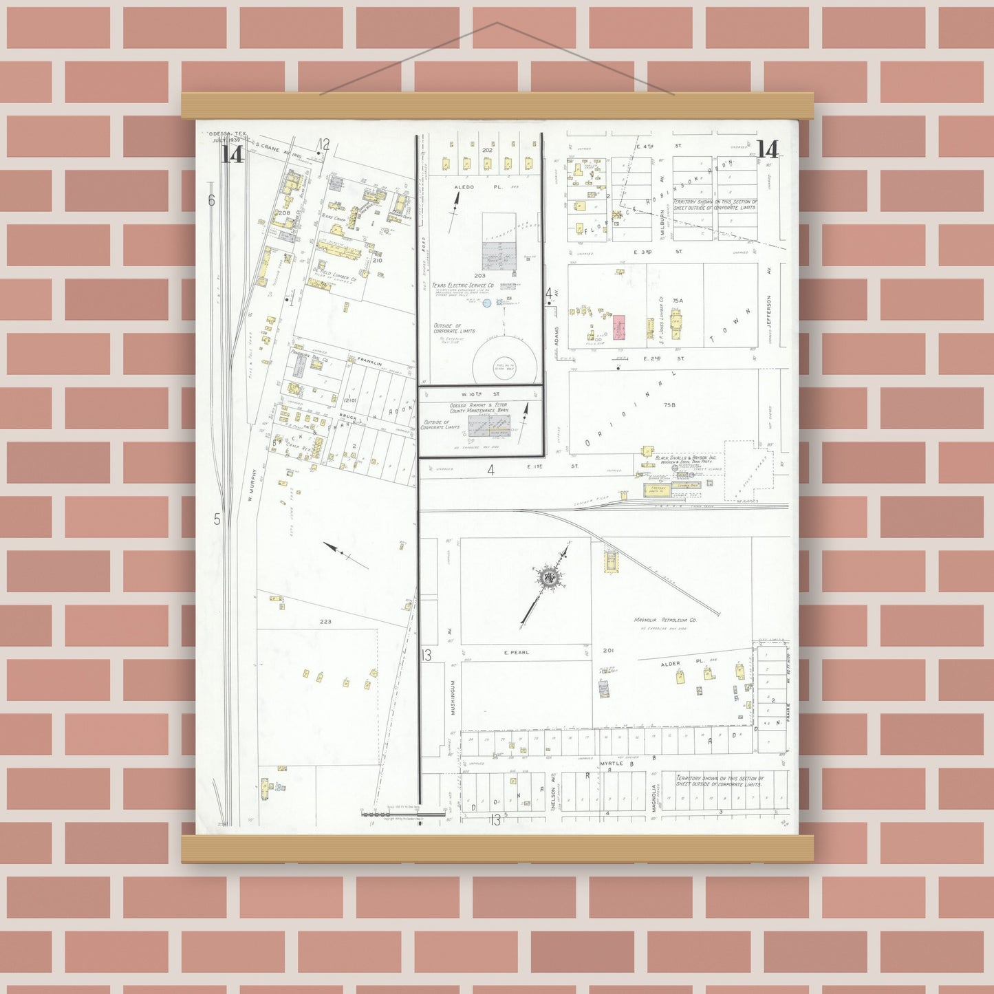 Old map wall art mockup — magnetic wood frame on brick wall — Sanborn Fire Insurance Map from Odessa, Edger County, Texas (1939), Sheet #0014