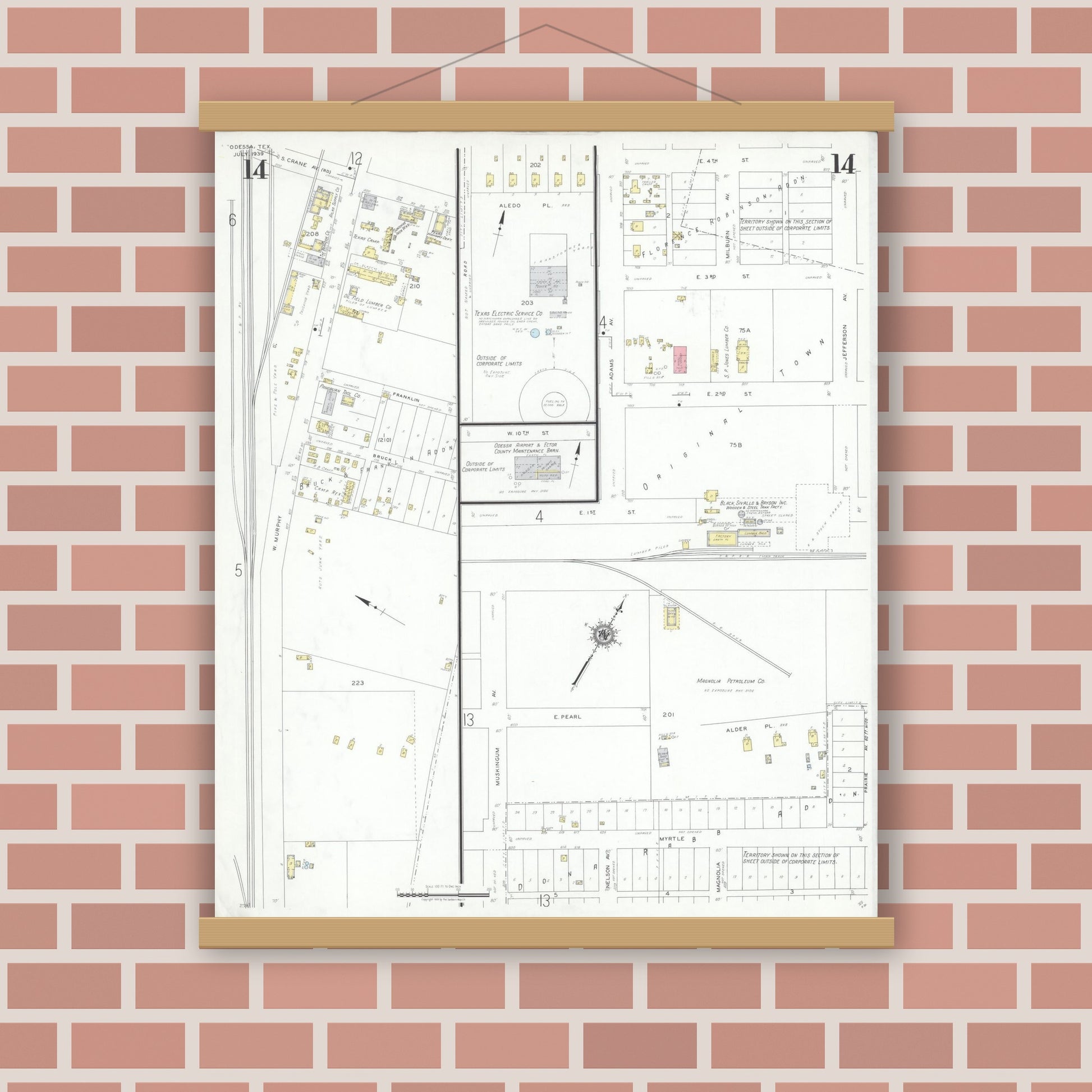 Old map wall art mockup — magnetic wood frame on brick wall — Sanborn Fire Insurance Map from Odessa, Edger County, Texas (1939), Sheet #0014
