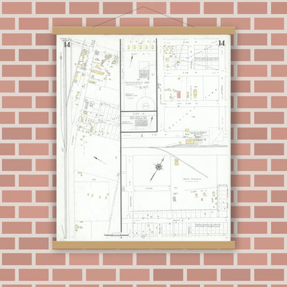 Old map wall art mockup — magnetic wood frame on brick wall — Sanborn Fire Insurance Map from Odessa, Edger County, Texas (1939), Sheet #0014