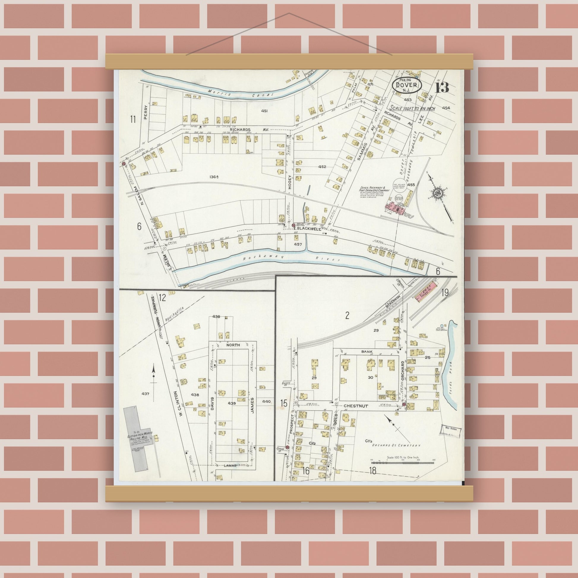 Old map wall art mockup — magnetic wood frame on brick wall — Sanborn Fire Insurance Map from Dover, Morris County, New Jersey (1916), Sheet #0013