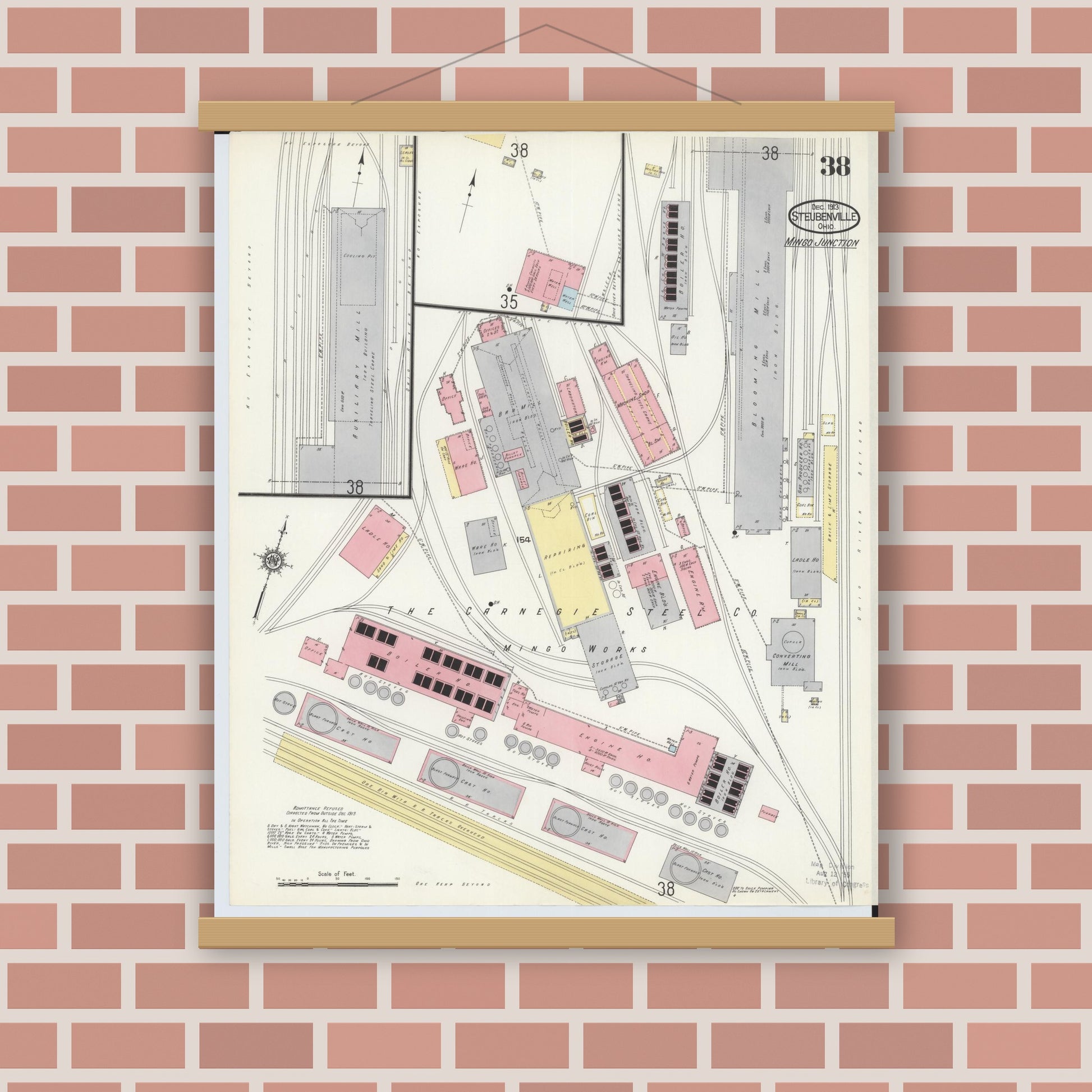 Old map wall art mockup — magnetic wood frame on brick wall — Sanborn Fire Insurance Map from Steubenville, Jefferson County, Ohio (1913), Sheet #0038