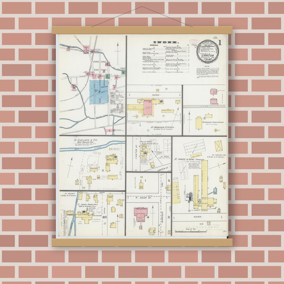 Old map wall art mockup — magnetic wood frame on brick wall — Sanborn Fire Insurance Map from Canton, Bradford County, Pennsylvania (1892) - Complete Map Set