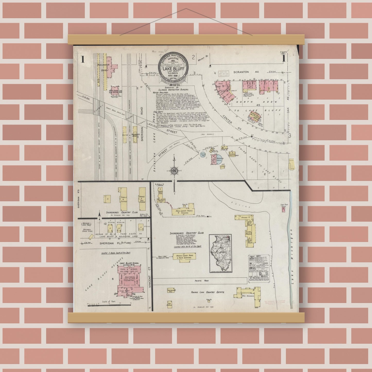 Old map wall art mockup — magnetic wood frame on brick wall — Sanborn Fire Insurance Map from Lake Bluff, Lake County, Illinois (1928), Sheet #0001