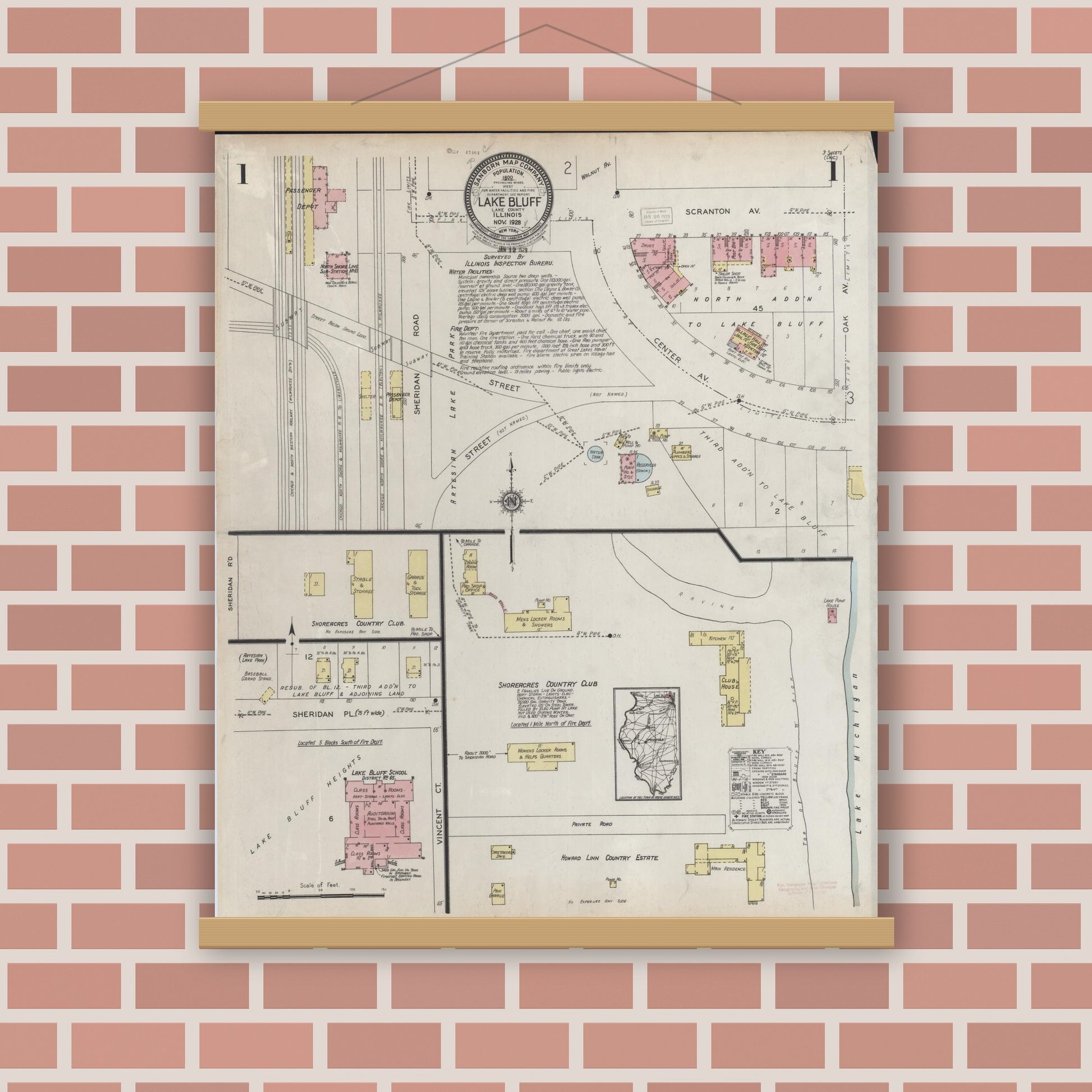 Old map wall art mockup — magnetic wood frame on brick wall — Sanborn Fire Insurance Map from Lake Bluff, Lake County, Illinois (1928), Sheet #0001