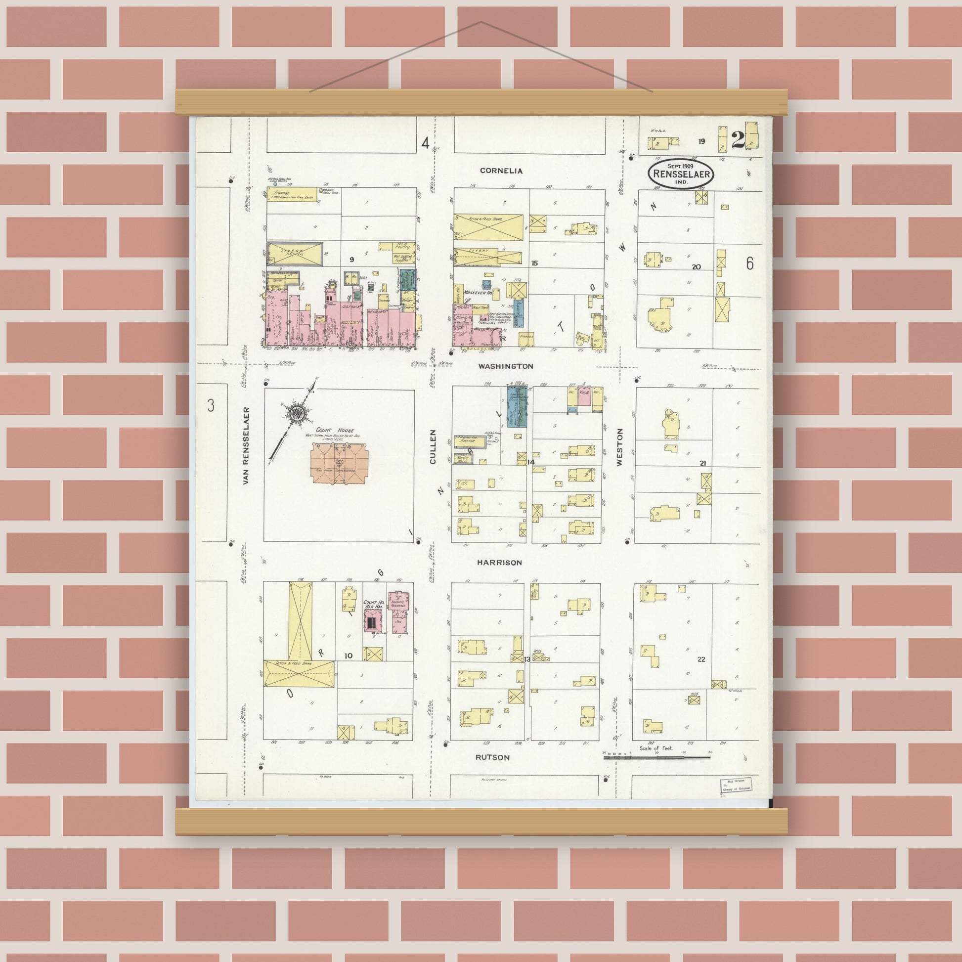 Old map wall art mockup — magnetic wood frame on brick wall — Sanborn Fire Insurance Map from Rensselaer, Jasper County, Indiana (1909), Sheet #0002