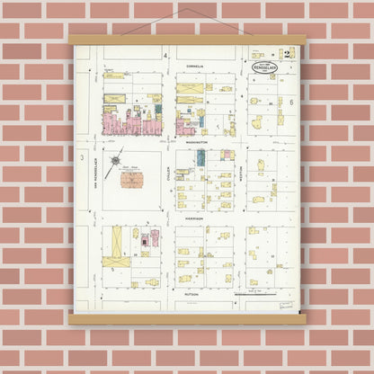 Old map wall art mockup — magnetic wood frame on brick wall — Sanborn Fire Insurance Map from Rensselaer, Jasper County, Indiana (1909), Sheet #0002
