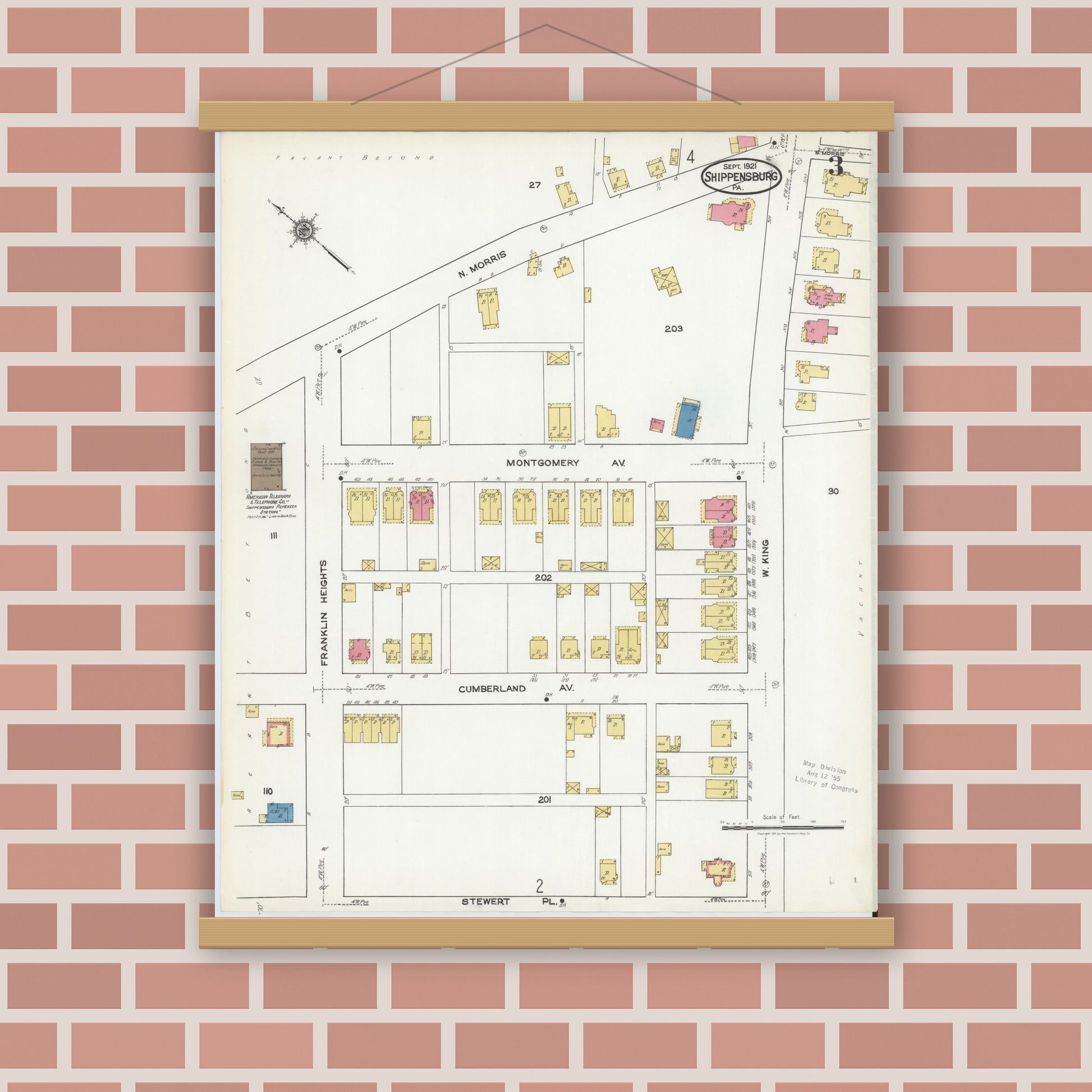 Old map wall art mockup — magnetic wood frame on brick wall — Sanborn Fire Insurance Map from Shippensburg, Cumberland And Franklin Counties, Pennsylvania (1921), Sheet #0003