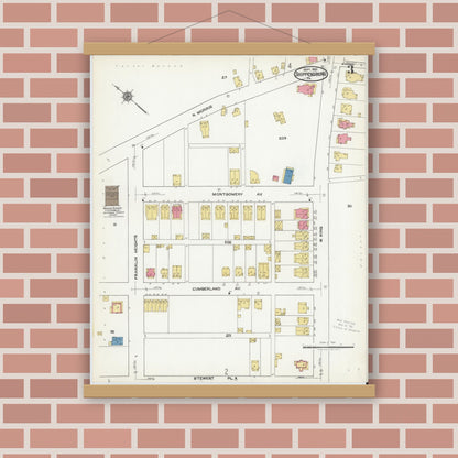 Old map wall art mockup — magnetic wood frame on brick wall — Sanborn Fire Insurance Map from Shippensburg, Cumberland And Franklin Counties, Pennsylvania (1921), Sheet #0003
