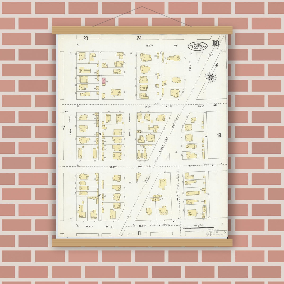 Old map wall art mockup — magnetic wood frame on brick wall — Sanborn Fire Insurance Map from Texarkana, Bowie County, Texas (1905), Sheet #0018