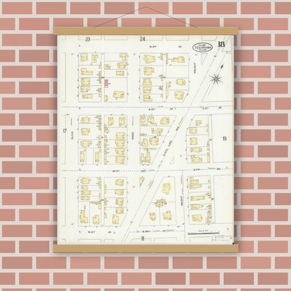 Old map wall art mockup — magnetic wood frame on brick wall — Sanborn Fire Insurance Map from Texarkana, Bowie County, Texas (1905), Sheet #0018