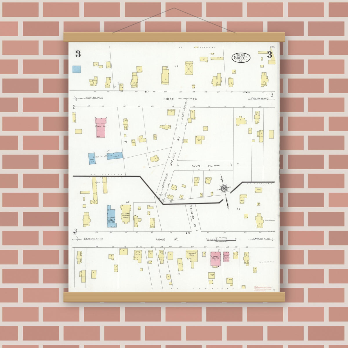 Old map wall art mockup — magnetic wood frame on brick wall — Sanborn Fire Insurance Map from Greece, Monroe County, New York (1929), Sheet #0003