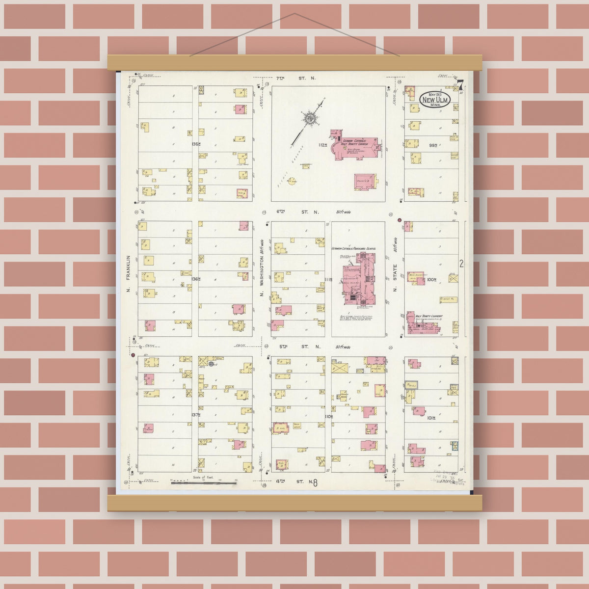 Old map wall art mockup — magnetic wood frame on brick wall — Sanborn Fire Insurance Map from New Ulm, Brown County, Minnesota (1913), Sheet #0007