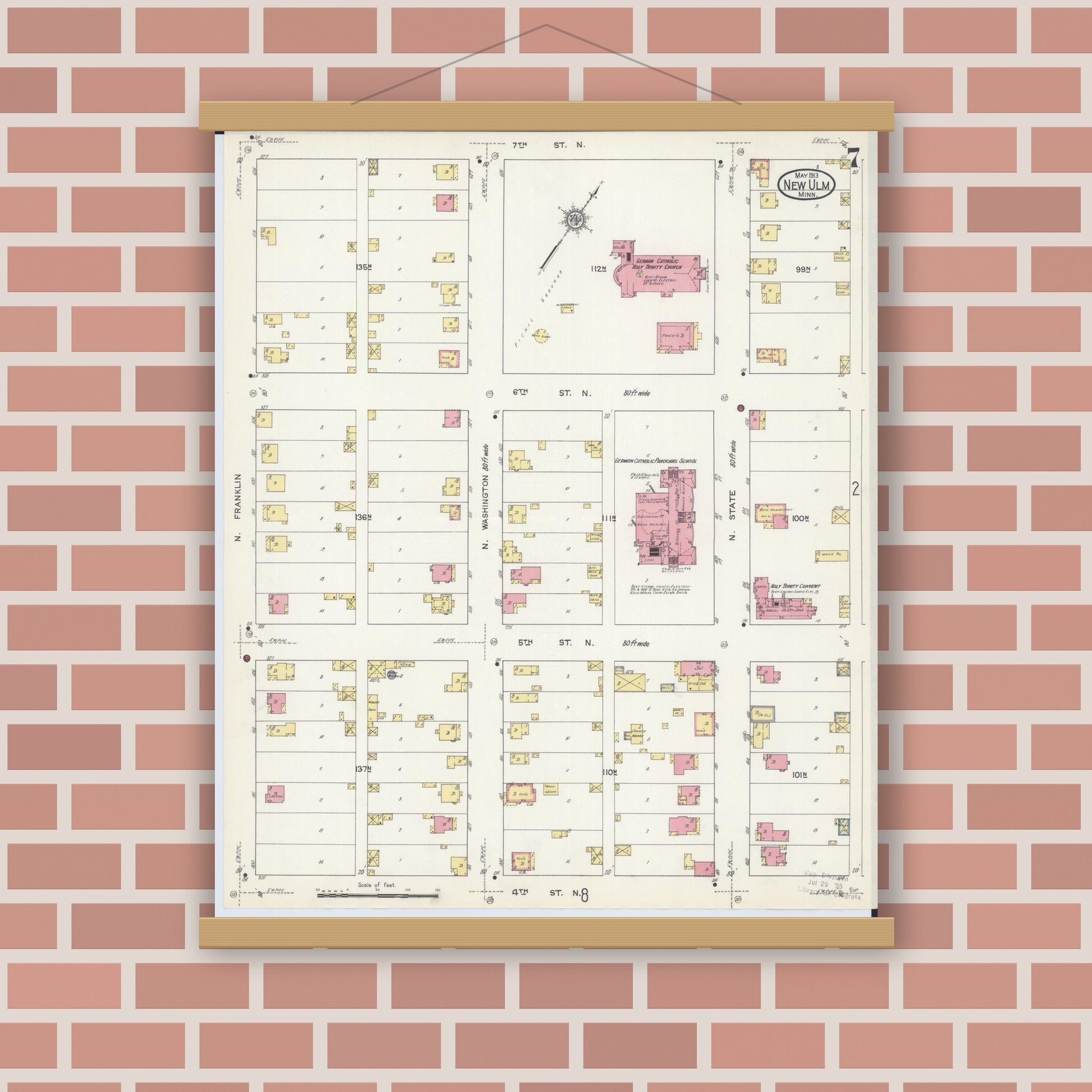 Old map wall art mockup — magnetic wood frame on brick wall — Sanborn Fire Insurance Map from New Ulm, Brown County, Minnesota (1913), Sheet #0007