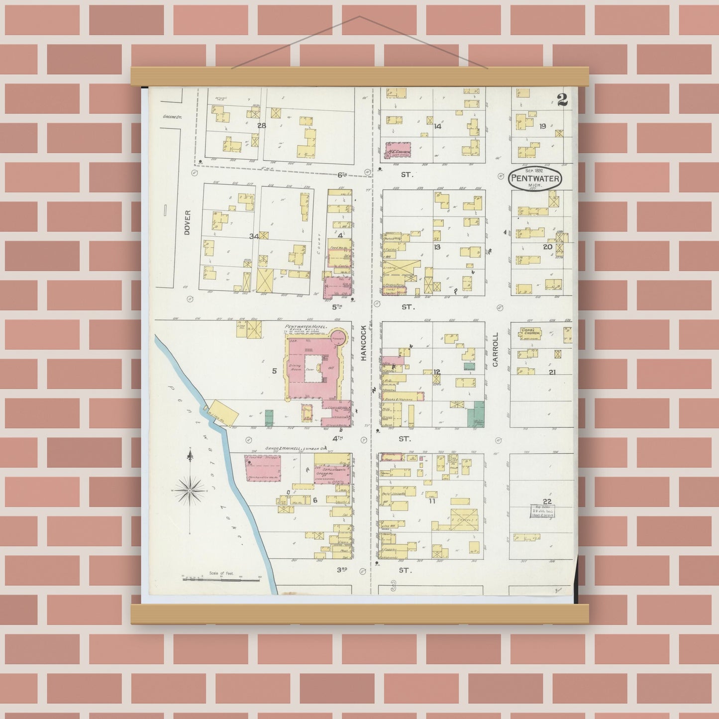 Old map wall art mockup — magnetic wood frame on brick wall — Sanborn Fire Insurance Map from Pentwater, Oceana County, Michigan (1892), Sheet #0002