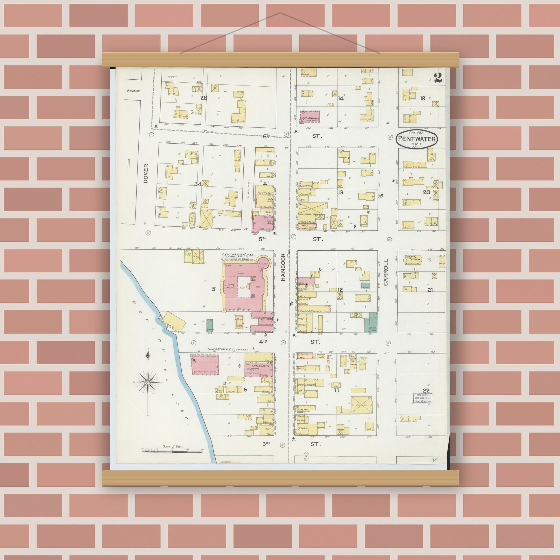 Old map wall art mockup — magnetic wood frame on brick wall — Sanborn Fire Insurance Map from Pentwater, Oceana County, Michigan (1892), Sheet #0002