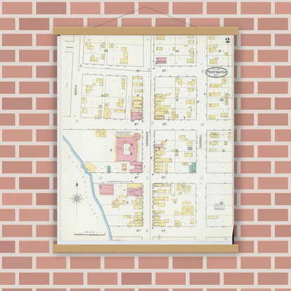 Old map wall art mockup — magnetic wood frame on brick wall — Sanborn Fire Insurance Map from Pentwater, Oceana County, Michigan (1892), Sheet #0002
