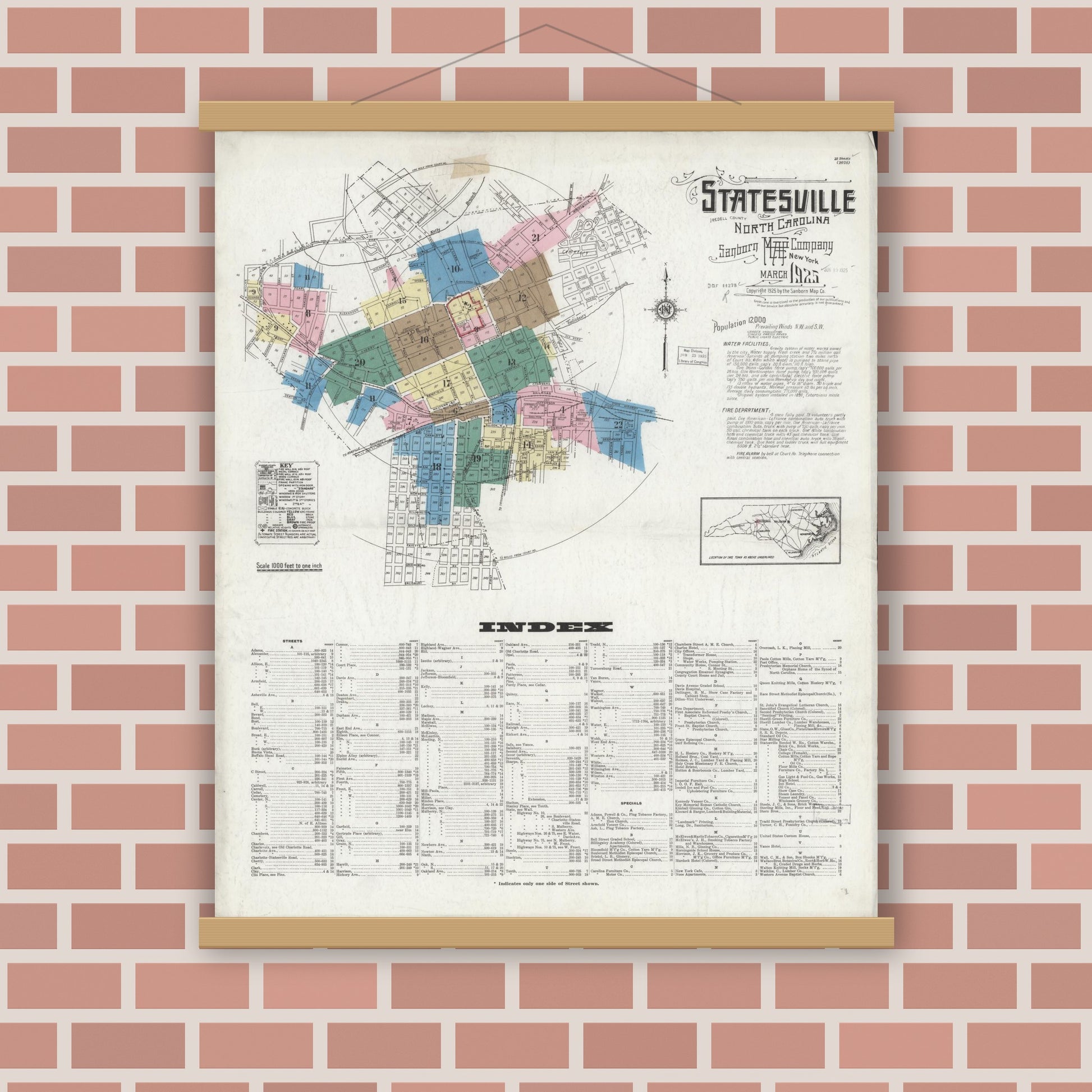 Old map wall art mockup — magnetic wood frame on brick wall — Sanborn Fire Insurance Map from Statesville, Iredell County, North Carolina (1925) - Complete Map Set