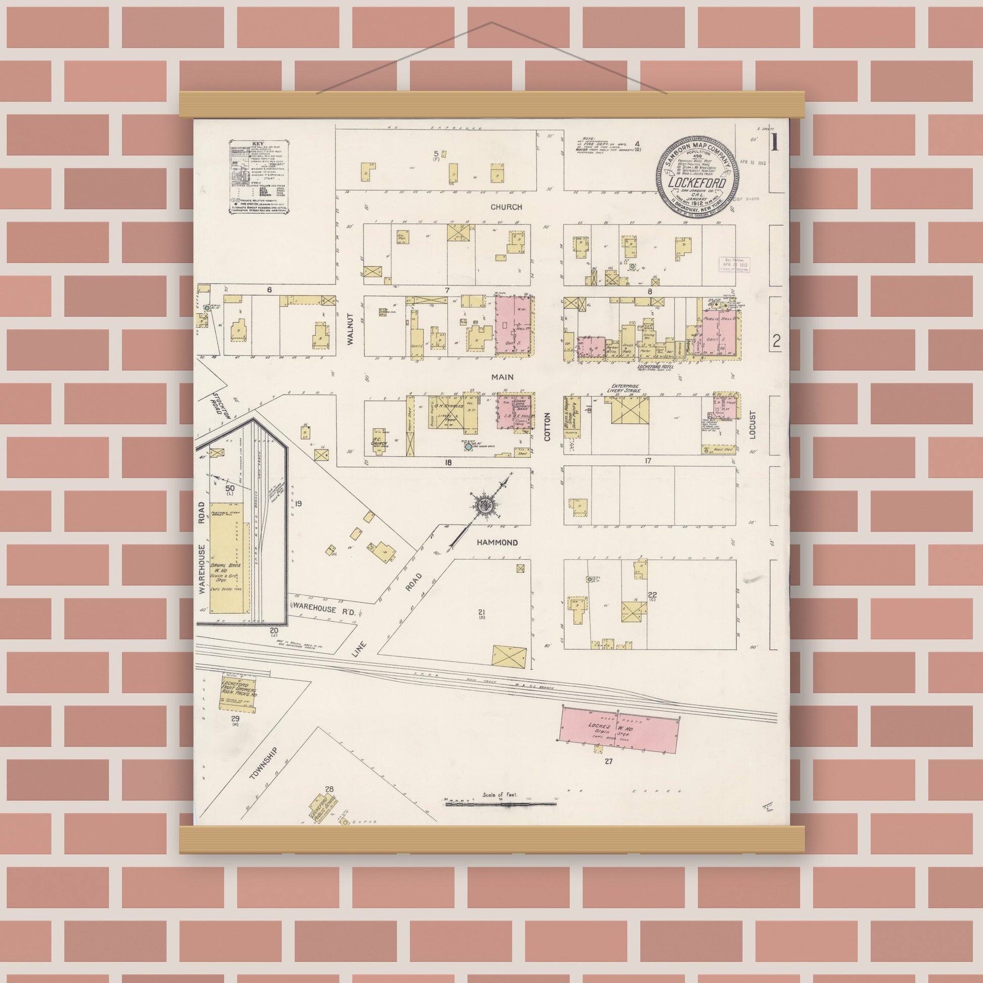 Old map wall art mockup — magnetic wood frame on brick wall — Sanborn Fire Insurance Map from Lockeford, San Joaquin County, California (1912) - Complete Map Set