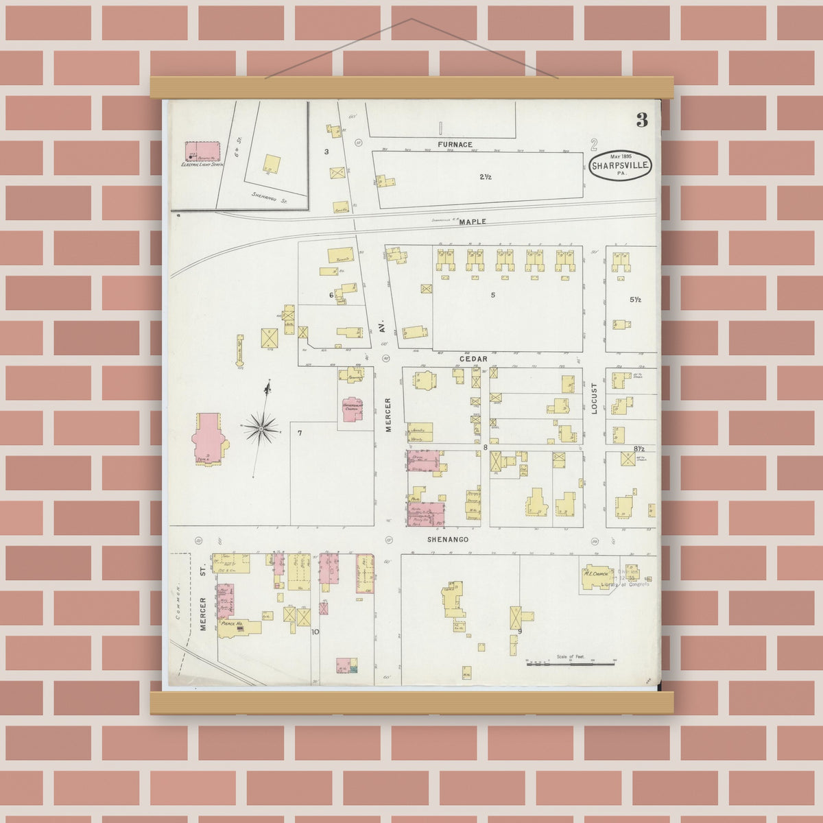 Old map wall art mockup — magnetic wood frame on brick wall — Sanborn Fire Insurance Map from Sharpsville, Mercer County, Pennsylvania (1895), Sheet #0003