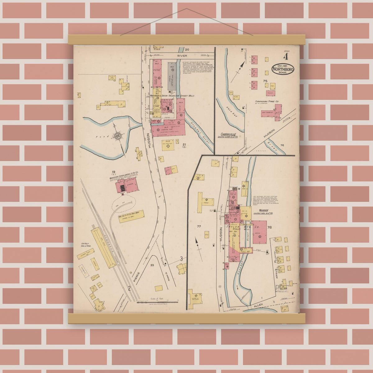 Old map wall art mockup — magnetic wood frame on brick wall — Sanborn Fire Insurance Map from Northboro, Worcester County, Massachusetts (1921), Sheet #0004