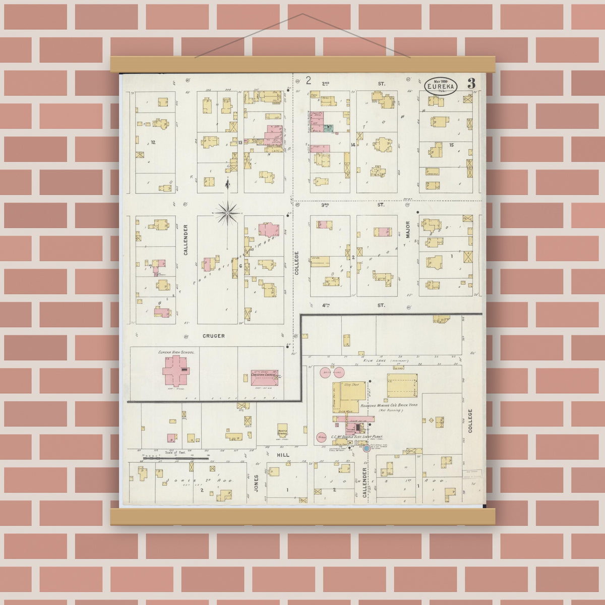 Old map wall art mockup — magnetic wood frame on brick wall — Sanborn Fire Insurance Map from Eureka, Woodford County, Illinois (1898), Sheet #0003