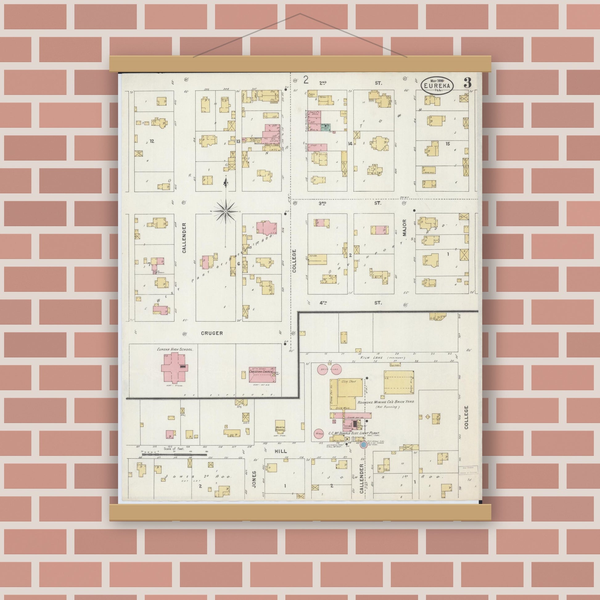 Old map wall art mockup — magnetic wood frame on brick wall — Sanborn Fire Insurance Map from Eureka, Woodford County, Illinois (1898), Sheet #0003