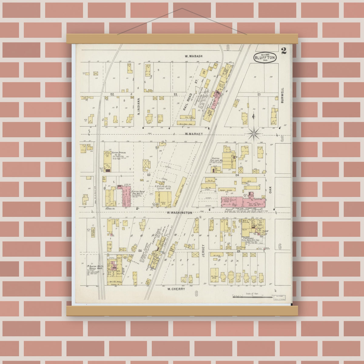 Old map wall art mockup — magnetic wood frame on brick wall — Sanborn Fire Insurance Map from Bluffton, Wells County, Indiana (1895), Sheet #0002