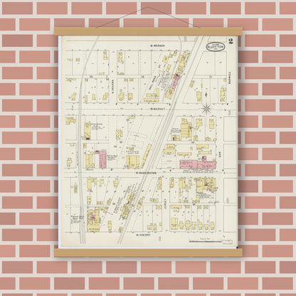 Old map wall art mockup — magnetic wood frame on brick wall — Sanborn Fire Insurance Map from Bluffton, Wells County, Indiana (1895), Sheet #0002