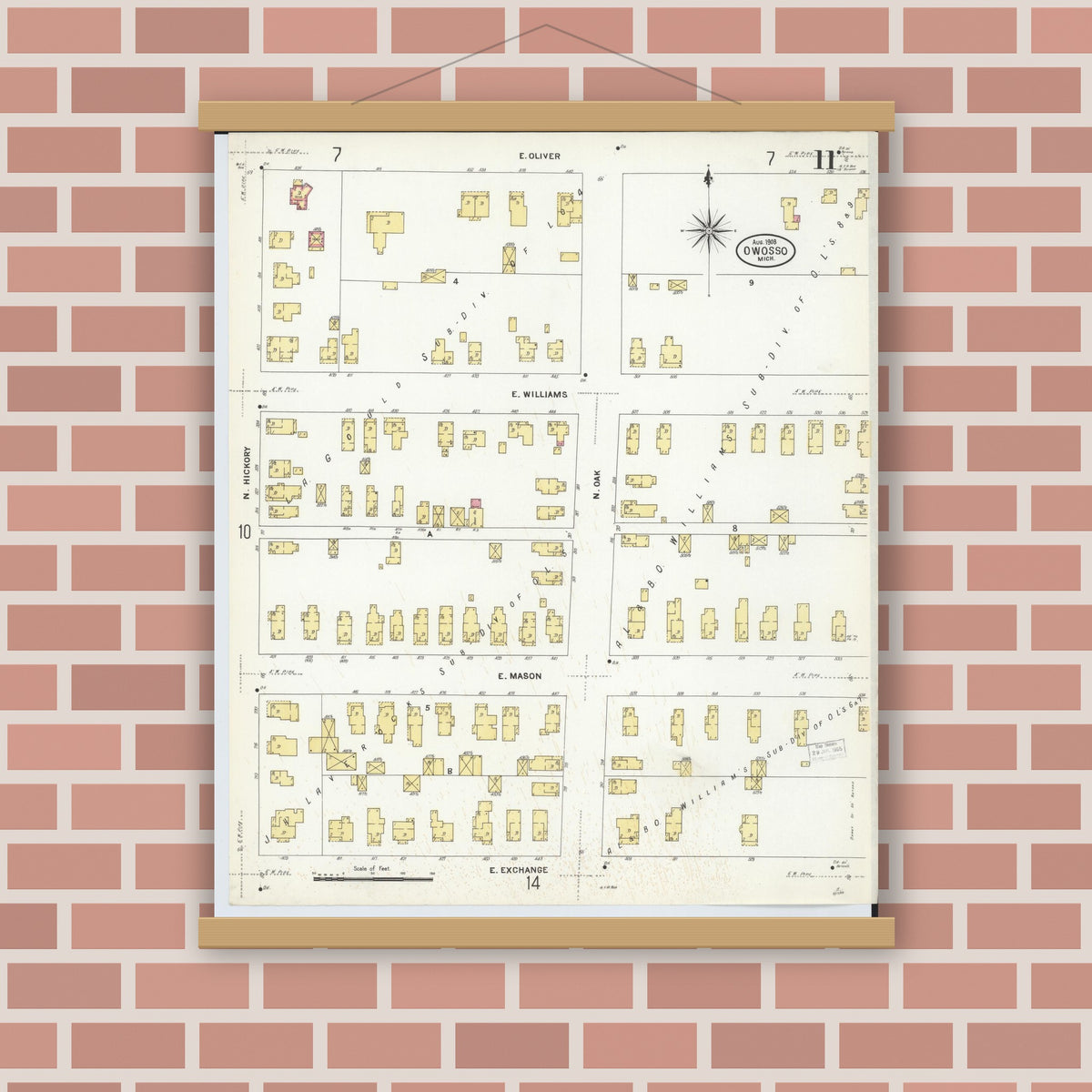 Old map wall art mockup — magnetic wood frame on brick wall — Sanborn Fire Insurance Map from Owosso, Shiawassee County, Michigan (1908), Sheet #0011