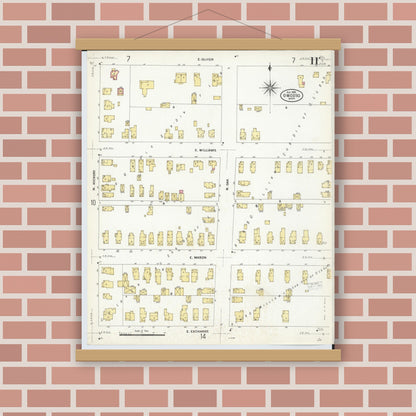 Old map wall art mockup — magnetic wood frame on brick wall — Sanborn Fire Insurance Map from Owosso, Shiawassee County, Michigan (1908), Sheet #0011