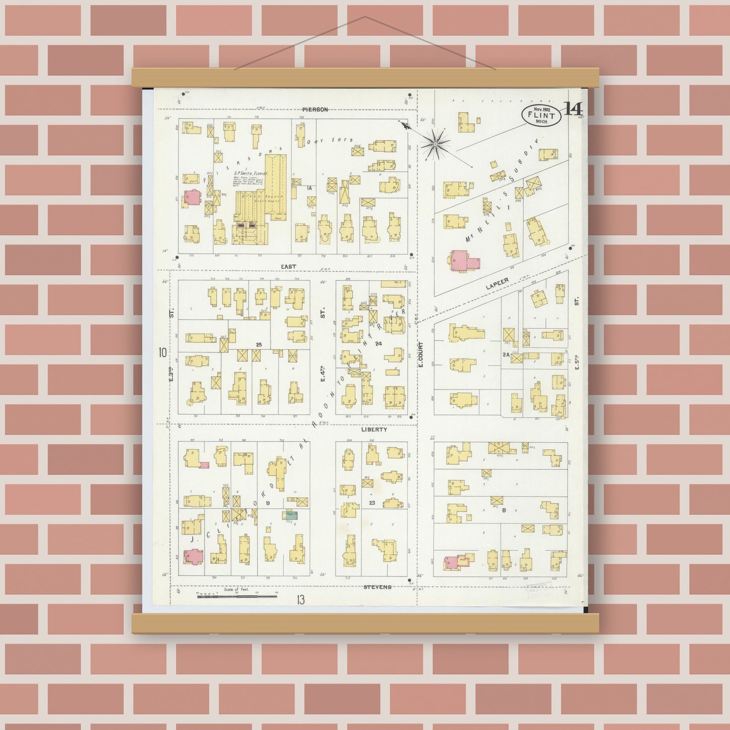 Old map wall art mockup — magnetic wood frame on brick wall — Sanborn Fire Insurance Map from Flint, Genesee County, Michigan (1902), Sheet #0014