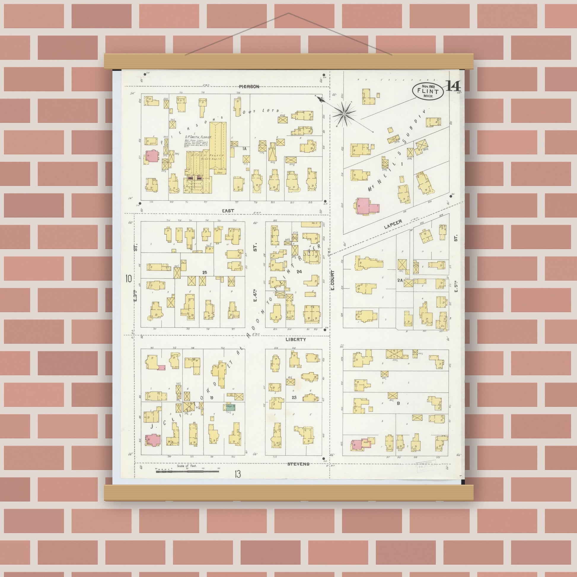 Old map wall art mockup — magnetic wood frame on brick wall — Sanborn Fire Insurance Map from Flint, Genesee County, Michigan (1902), Sheet #0014