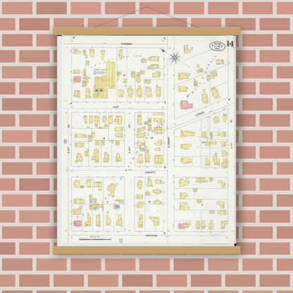 Old map wall art mockup — magnetic wood frame on brick wall — Sanborn Fire Insurance Map from Flint, Genesee County, Michigan (1902), Sheet #0014