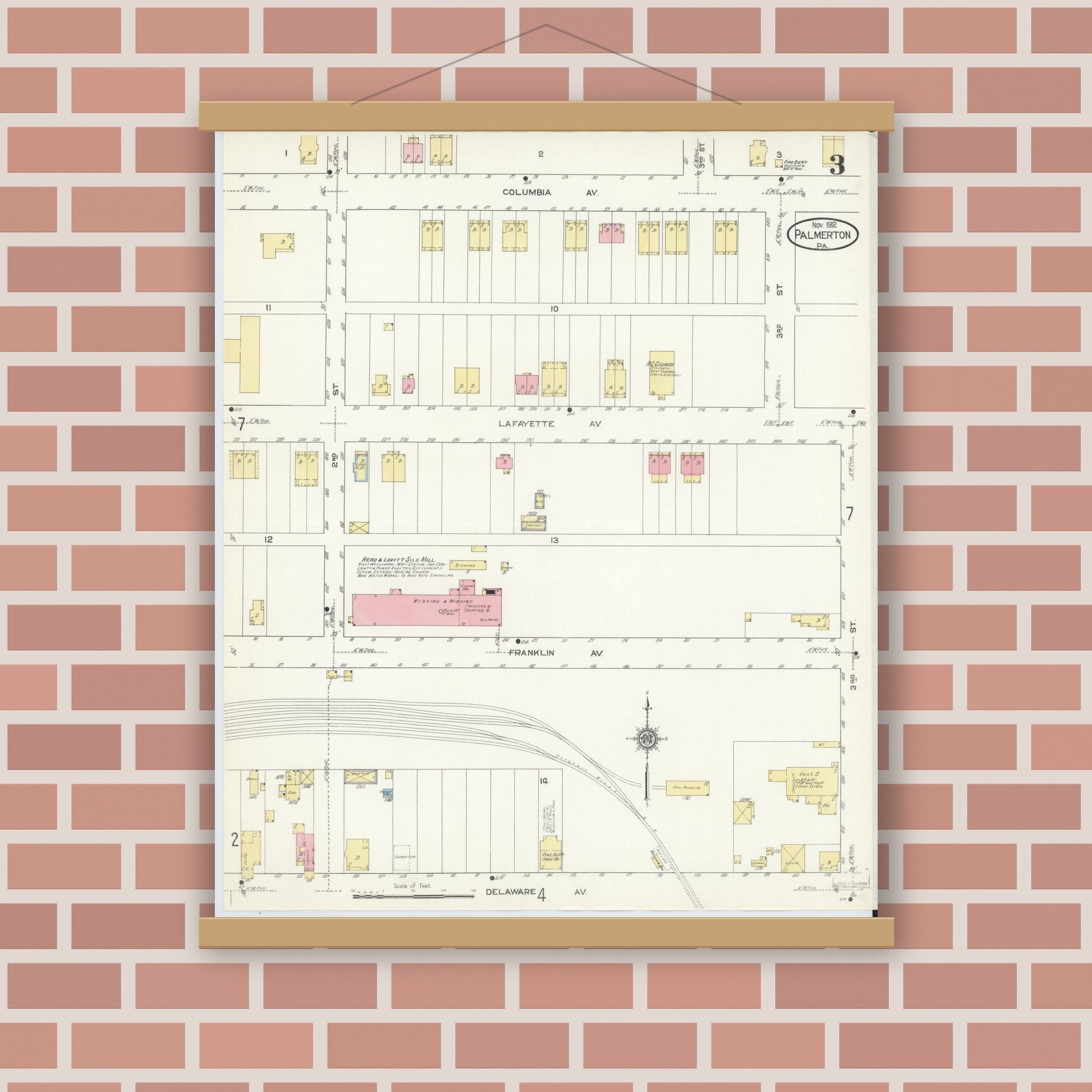 Old map wall art mockup — magnetic wood frame on brick wall — Sanborn Fire Insurance Map from Palmerton, Carbon County, Pennsylvania (1912), Sheet #0003