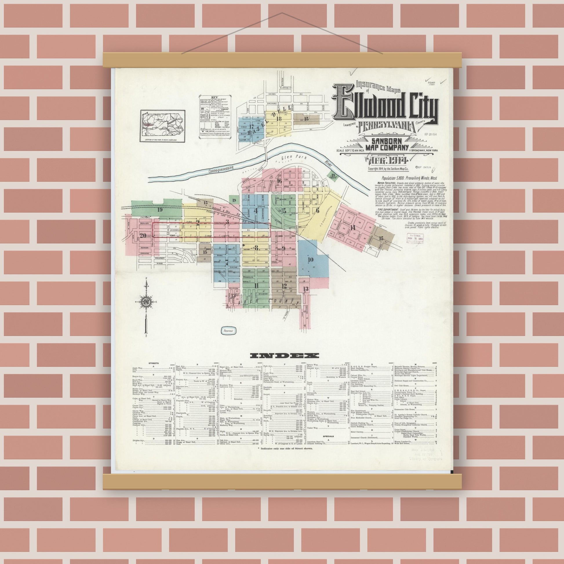 Old map wall art mockup — magnetic wood frame on brick wall — Sanborn Fire Insurance Map from Ellwood City, Lawrence County, Pennsylvania (1914), Sheet #0001
