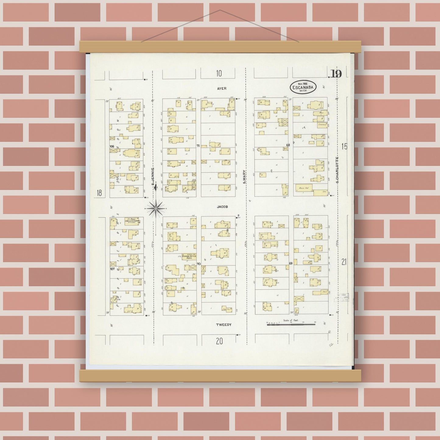 Old map wall art mockup — magnetic wood frame on brick wall — Sanborn Fire Insurance Map from Escanaba, Delta County, Michigan (1906), Sheet #0019