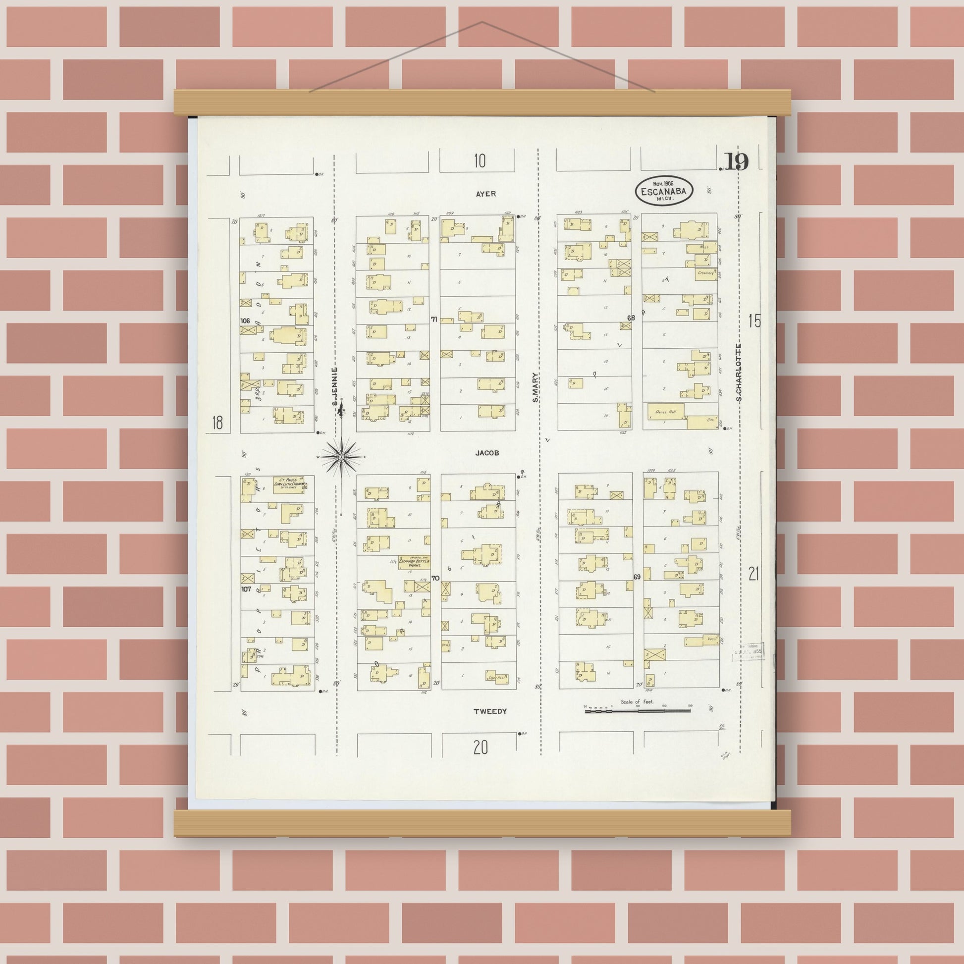Old map wall art mockup — magnetic wood frame on brick wall — Sanborn Fire Insurance Map from Escanaba, Delta County, Michigan (1906), Sheet #0019