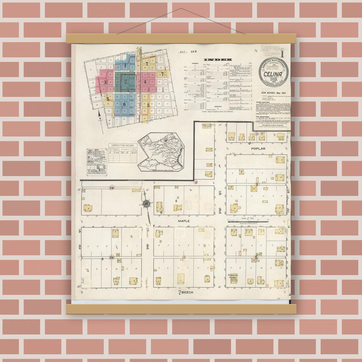 Old map wall art mockup — magnetic wood frame on brick wall — Sanborn Fire Insurance Map from Celina, Collin County, Texas (1944) - Complete Map Set
