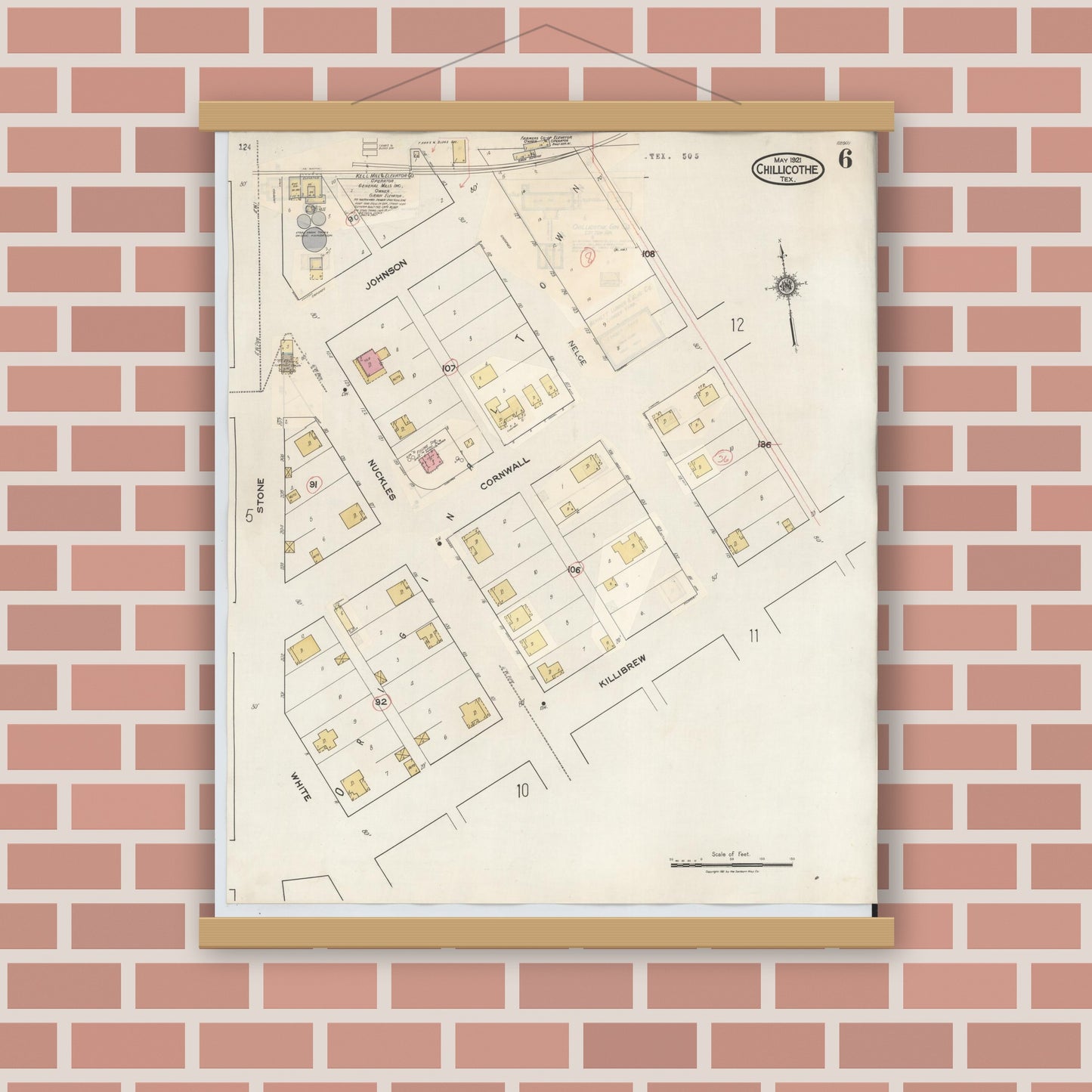 Old map wall art mockup — magnetic wood frame on brick wall — Sanborn Fire Insurance Map from Chillicothe, Hardeman County, Texas (1941), Sheet #0006