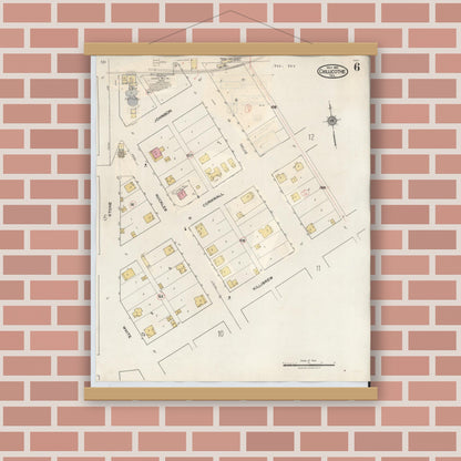 Old map wall art mockup — magnetic wood frame on brick wall — Sanborn Fire Insurance Map from Chillicothe, Hardeman County, Texas (1941), Sheet #0006