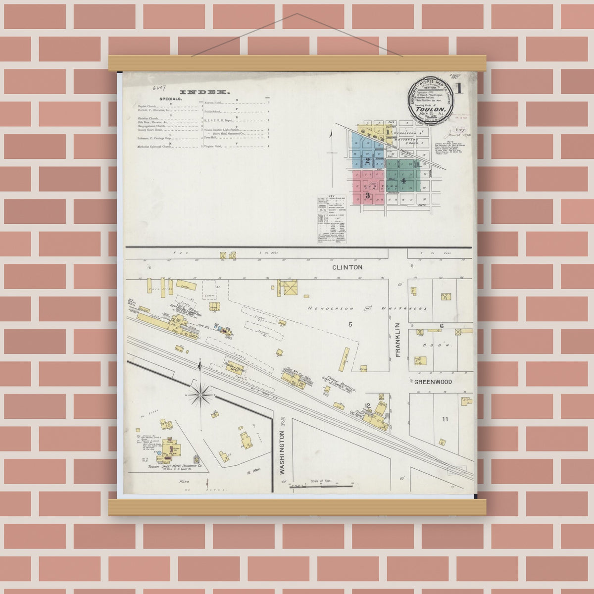 Old map wall art mockup — magnetic wood frame on brick wall — Sanborn Fire Insurance Map from Toulon, Stark County, Illinois (1893), Sheet #0001